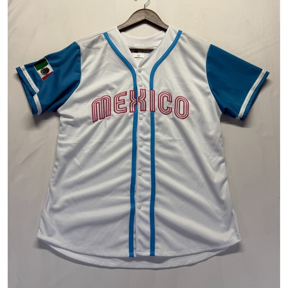 MLB Mexico National Baseball Team Jersey Mens Medium White Blue Logo Sportswear